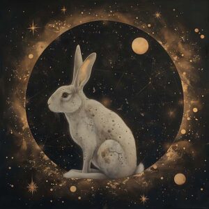 月に跳ねる神秘の月うさぎの神話イメージイラスト｜餅つきしながら宇宙を見守る存在