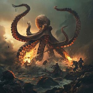 深海に潜む巨大クラーケンの神話イメージイラスト|触手で世界を抱きしめたい巨獣