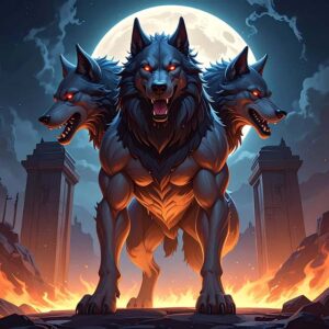 地獄を守る三つ首の犬ケルベロスの神話イメージイラスト｜地獄門前のセキュリティ担当