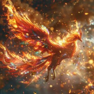 燃え尽きても蘇るフェニックスを描いた神話イメージイラスト｜永遠のド根性バード